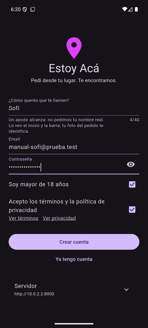 Pantalla para crear la cuenta
