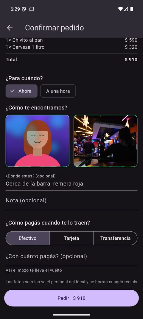 Confirmar pedido con fotos y forma de pago