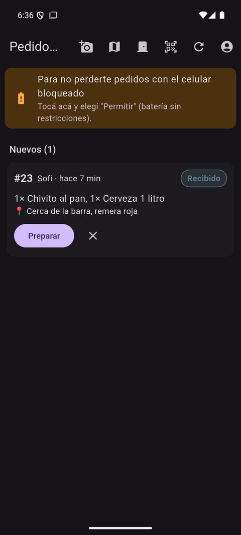 Pedido nuevo en la barra