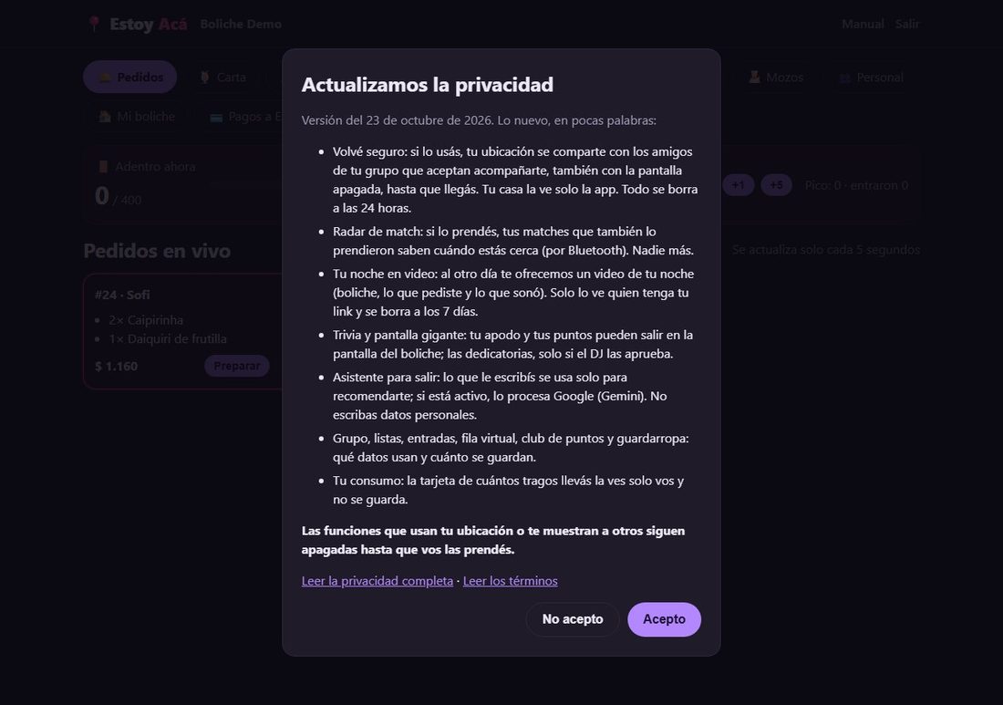 Aviso de privacidad nueva en el panel