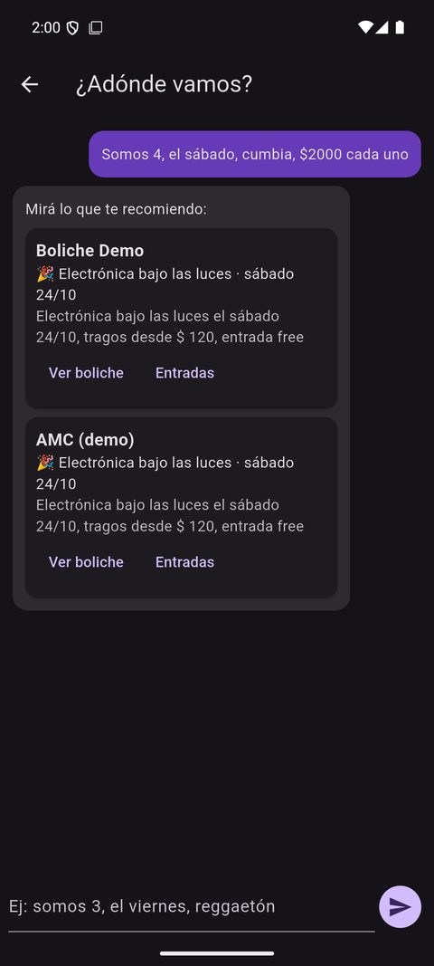 El asistente recomienda boliches
